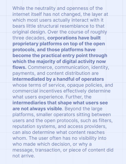 A block of text discussing how corporations have built proprietary platforms on top of open internet protocols, with key phrases like 'corporations have built proprietary platforms' and 'intermediaries that shape what users see are not always visible' highlighted in blue.