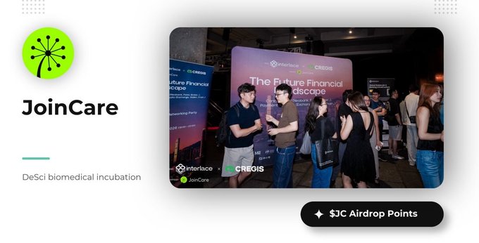 A promotional graphic for 'JoinCare' labeled 'DeSci biomedical incubation', featuring a photo of people at an event and a '$JC Airdrop Points' button.