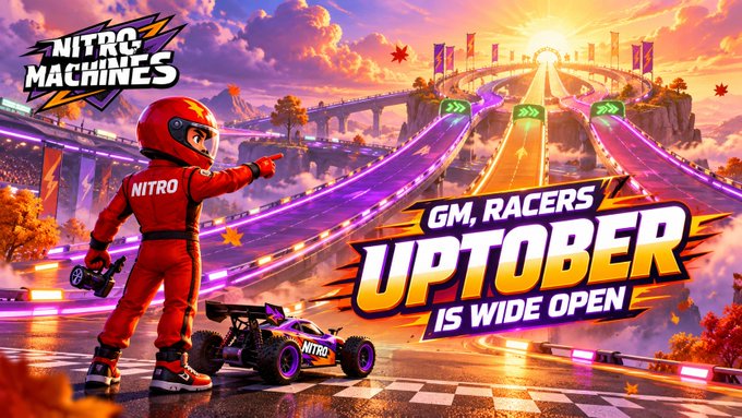 A vibrant promotional image for 'NITRO MACHINES' showing a racer in red suit pointing toward a race track, with text 'GM, RACERS UPTOBER IS WIDE OPEN' and purple racing ramps against a sunset sky.