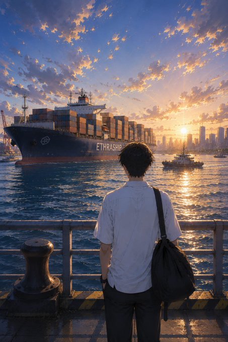 Anime-style illustration of a young man with a backpack gazing at a massive cargo ship labeled 'ETHRASHIP' at a port during a vibrant sunset, with a city skyline in the background.