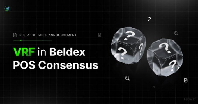 A research paper announcement banner titled 'VRF in Beldex POS Consensus' featuring two crystal-like dodecahedrons with question marks on a dark grid background, watermarked with beldex.io.