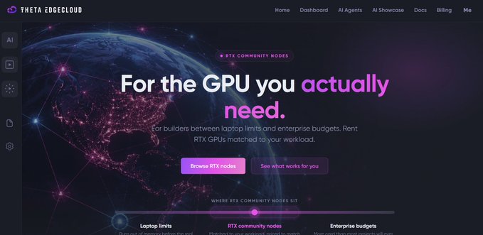 A screenshot of the Theta EdgeCloud website with the headline 'For the GPU you actually need,' advertising RTX GPU rental services for AI builders.