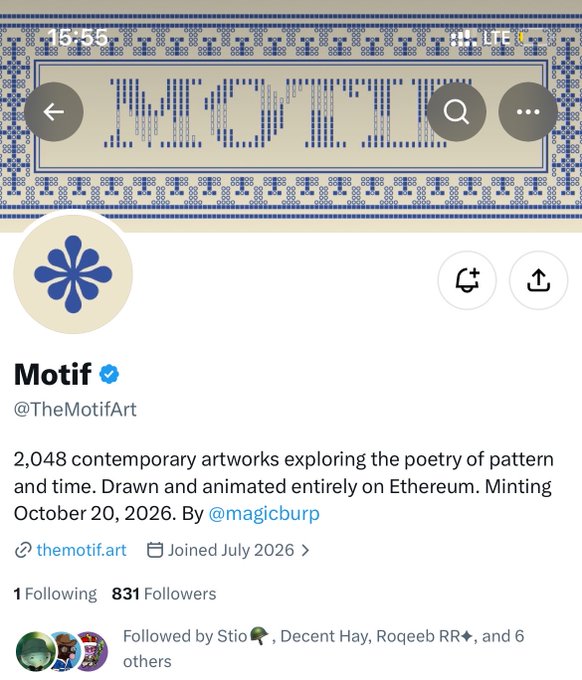 Twitter/X profile page for "Motif" (@TheMotifArt), a verified account showcasing 2,048 contemporary artworks exploring pattern and time on Ethereum, minted by @magicburp on October 20, 2026.