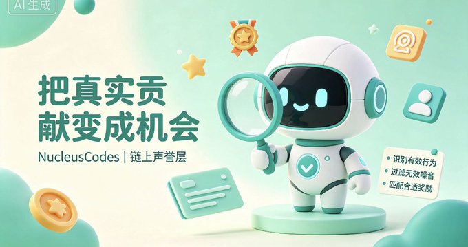 A promotional graphic for NucleusCodes featuring a white robot holding a magnifying glass, with Chinese text "把真实贡献变成机会" (Turn real contributions into opportunities) and tags about identifying effective behavior.