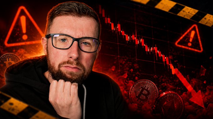A man with glasses and a beard in a black hoodie holds his chin thoughtfully against a backdrop of a downward-trending red cryptocurrency chart, warning symbols, and Bitcoin and Ethereum coins, visually reinforcing the post's message about remaining bearish on crypto despite an encouraging bounce.