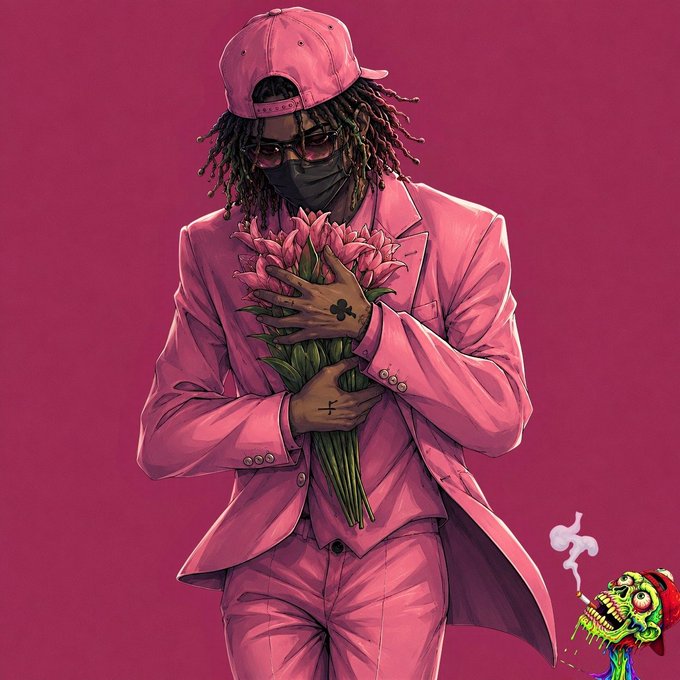 An illustration of a figure in a pink suit, pink cap, and face mask holding a bouquet of pink tulips against a solid pink background, with a small cartoonish green creature in the corner.