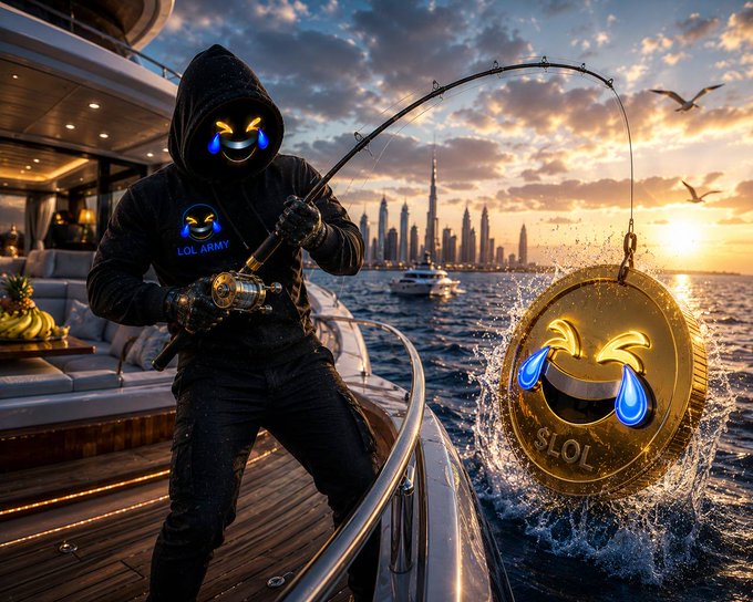 A stylized scene of a hooded figure wearing a 'LOL ARMY' emoji mask fishing for a giant golden '$LOL' coin from a yacht, with a Dubai skyline at sunset.