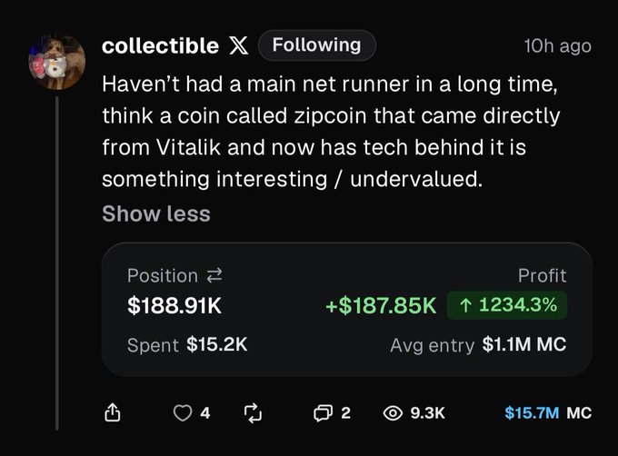 A screenshot of an X (Twitter) post by user 'collectible' mentioning 'zipcoin' and showing a portfolio position of $188.91K with a profit of +$187.85K (1234.3%).