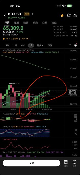 A cryptocurrency trading app displays a BTCUSDT perpetual contract chart showing a price of 65,309.0 (+0.16%) with a red circle highlighting a recent uptrend pattern.