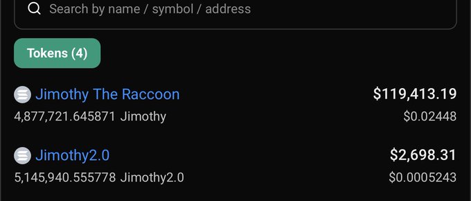 A cryptocurrency wallet search interface showing 'Jimothy The Raccoon' token worth $119,413.19 at $0.02448, and 'Jimothy2.0' worth $2,698.31 at $0.0005243.