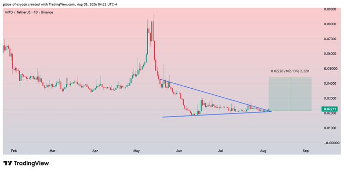 A TradingView chart of $MITO/USDT on Binance shows the token consolidating within a descending triangle pattern since May 2024, with a projected 102.13% upside target of 0.02220 displayed on a green shaded zone, aligning with the post's claim of a potential 100-110% rise upon breakout. The current price sits at 0.02271, near the apex of the triangle, illustrating the verge of consolidation mentioned.