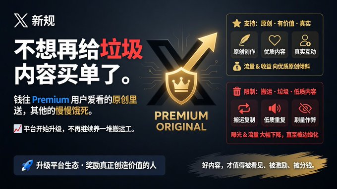 A promotional graphic with Chinese text and an "X" logo titled "PREMIUM ORIGINAL," detailing support for original, quality, and authentic content, versus restrictions on spam.