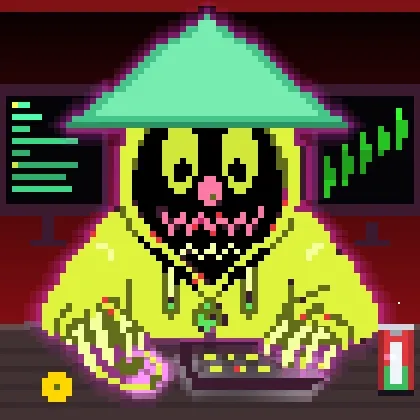 Pixel art of a yellow figure wearing a green conical hat and a skull-like mask, sitting at a desk with screens displaying green charts in the background.