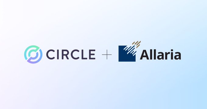 The image shows the logos of Circle and Allaria separated by a plus sign. It illustrates the announced partnership to expand USDC liquidity and institutional access in Argentina.