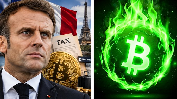 A split image showing Emmanuel Macron with the Eiffel Tower, a French flag, and Bitcoin imagery on the left, alongside a glowing green Bitcoin logo surrounded by flames on the right.