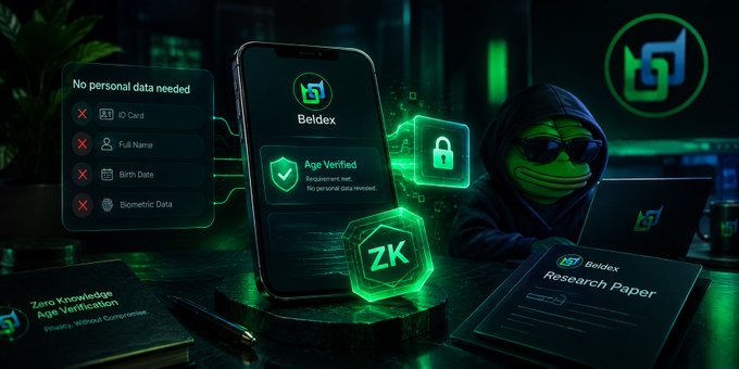 Promotional graphic for Beldex featuring a hooded figure working at a laptop alongside a smartphone displaying age verification and Zero Knowledge (ZK) technology, with text noting no personal data needed (ID card, full name, birth date, or biometric data).