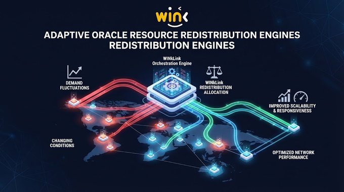 An infographic titled 'ADAPTIVE ORACLE RESOURCE REDISTRIBUTION ENGINES REDISTRIBUTION ENGINES' by WINk showing the WINkLink Orchestration Engine connecting demand fluctuations to optimized network performance across a world map.