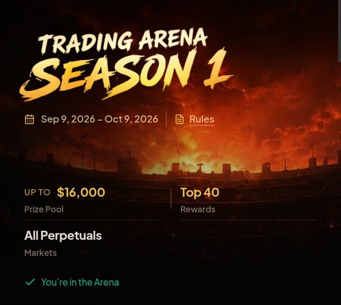 A promotional banner for 'Trading Arena Season 1' running Sep 9, 2026 – Oct 9, 2026, featuring a $16,000 prize pool for the top 40 in all perpetuals markets.