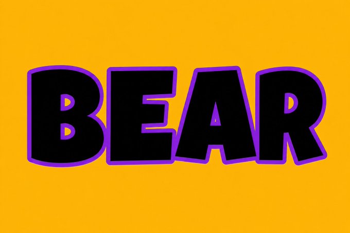 A bold graphic with the word 'BEAR' in black letters with a purple outline on a yellow background.