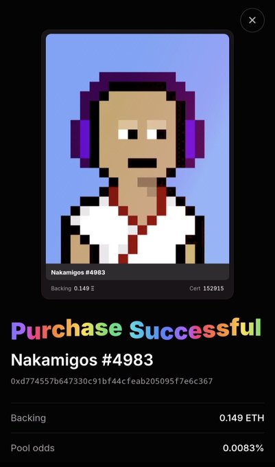 A 'Purchase Successful' confirmation screen for Nakamigos #4983, showing a pixelated NFT portrait, a backing of 0.149 ETH, and a certificate number of 152915.