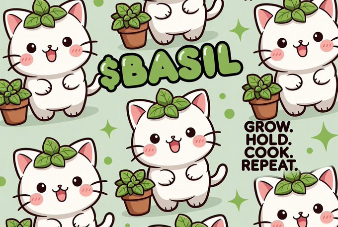 A cute cartoon illustration featuring white cats with basil leaves on their heads next to potted basil plants, with text reading '$BASIL' and 'GROW. HOLD. COOK. REPEAT.'