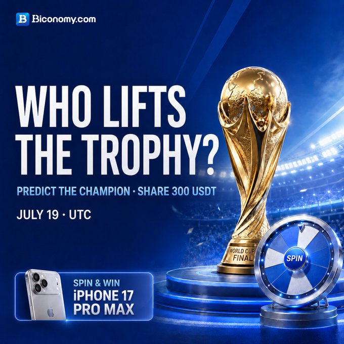 A promotional banner for Biconomy.com's World Cup Final giveaway, featuring a golden World Cup trophy and spin wheel against a stadium backdrop, with text announcing "WHO LIFTS THE TROPHY? PREDICT THE CHAMPION • SHARE 300 USDT" on July 19 UTC, plus a spin-to-win iPhone 17 Pro Max prize.
