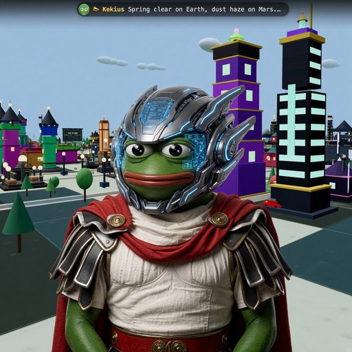 A 3D rendering of the Pepe character dressed in Roman armor, standing in a blocky, low-poly city environment with a chat message reading 'Kekius Spring clear on Earth, dust haze on Mars...'