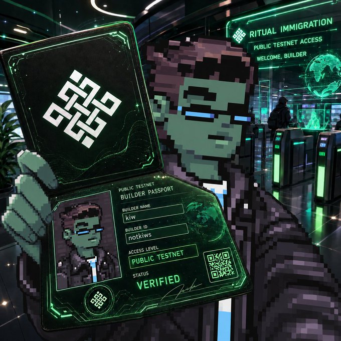 A pixel art illustration of a character holding up a 'PUBLIC TESTNET BUILDER PASSPORT' card for user 'kiw' with verified status, in a futuristic setting labeled 'RITUAL IMMIGRATION'.