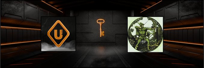 The image features three logos centered in a dark, futuristic corridor: the orange "U" Utopia logo on the left, a key symbol in the middle, and the green Sherwood NFT Outlaws emblem on the right, visually celebrating Utopia Web3's secured GTD spots for the Outlaws mint on Robinhood Chain.