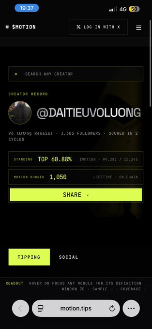 A mobile screenshot of the $MOTION app displaying a creator record for @DAITIEUVOLUONG with 3,305 followers, a top 60.88% standing, and 1,050 $MOTION burned.