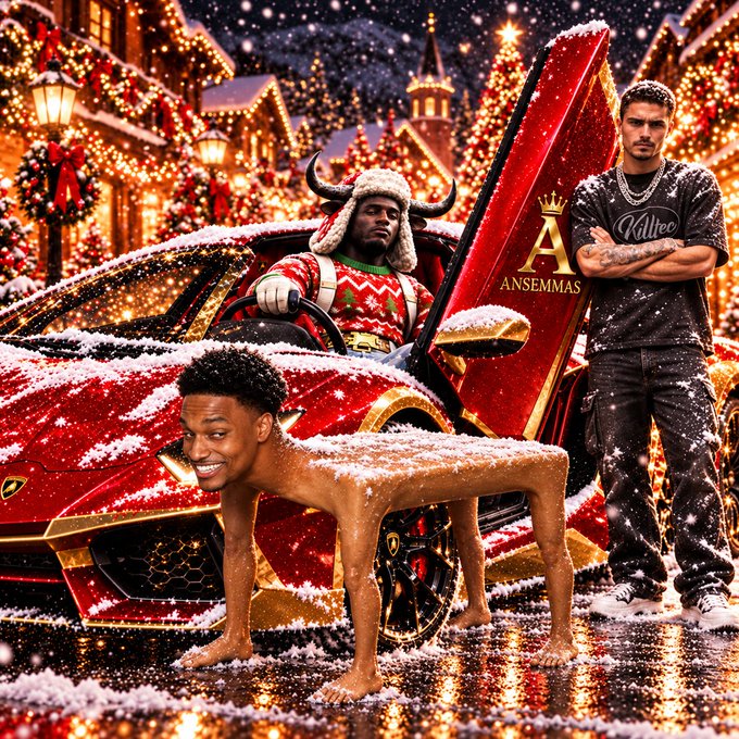 A surreal holiday-themed image featuring a man in a Christmas sweater driving a Lamborghini, another man standing by a red surfboard with an 'A' logo, and a human-headed dog covered in snow.