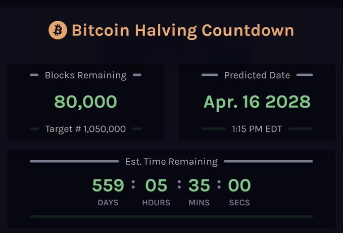 A Bitcoin Halving Countdown graphic shows 80,000 blocks remaining, a predicted date of April 16, 2028, and an estimated time remaining of 559 days, 5 hours, 5 minutes, and 35 seconds.