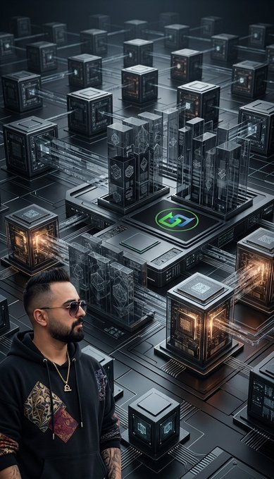 A stylized digital artwork showing a man with sunglasses and a hoodie in the foreground against a backdrop of a futuristic crypto/data center with glowing server racks and blockchain-related graphics.
