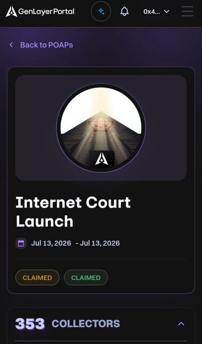 A GenLayer Portal page showing an 'Internet Court Launch' POAP with 353 collectors, dated Jul 13, 2026, featuring a courtroom-themed image with both claim statuses marked as 'CLAIMED'.