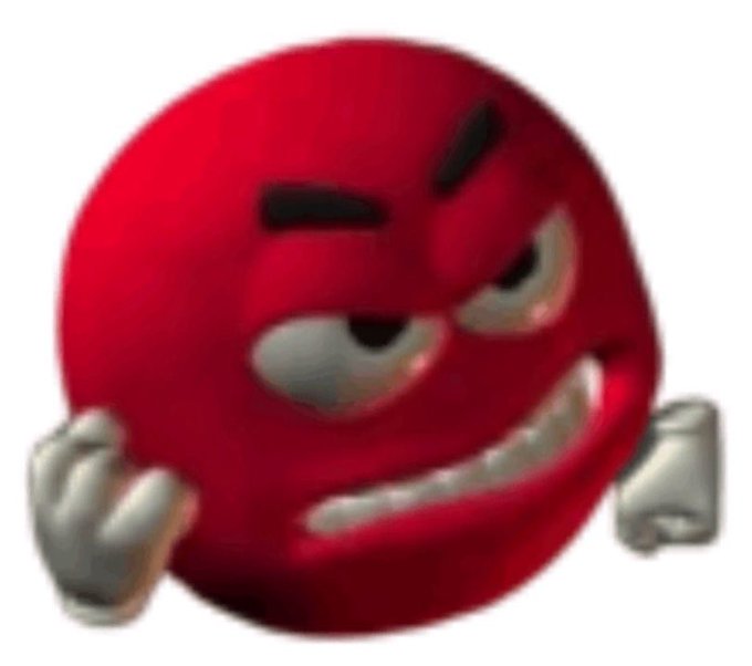 A 3D rendered red spherical character with a mischievous grin, furrowed black eyebrows, and white-gloved hands raised in an animated, cheeky pose.
