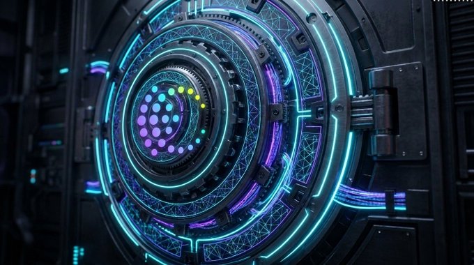 A digital illustration of a futuristic, circular, sci-fi style mechanical device glowing with blue, purple, and yellow neon lights.