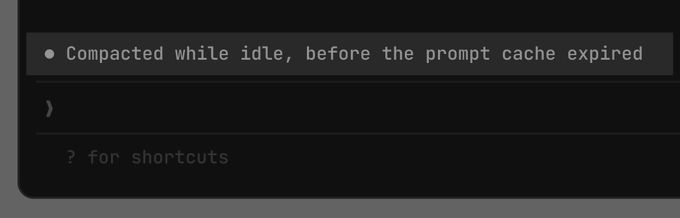 A dark-themed chat or terminal interface displays a system message reading "Compacted while idle, before the prompt cache expired" above an input prompt.