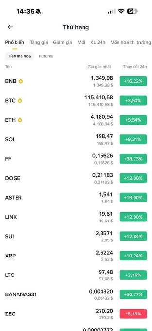 A screenshot of a cryptocurrency market app in Vietnamese titled 'Thứ hạng' (Ranking), showing prices and 24-hour percentage changes for various coins including BTC (+3.50%), ETH (+9.54%), SOL (+9.21%), and others.