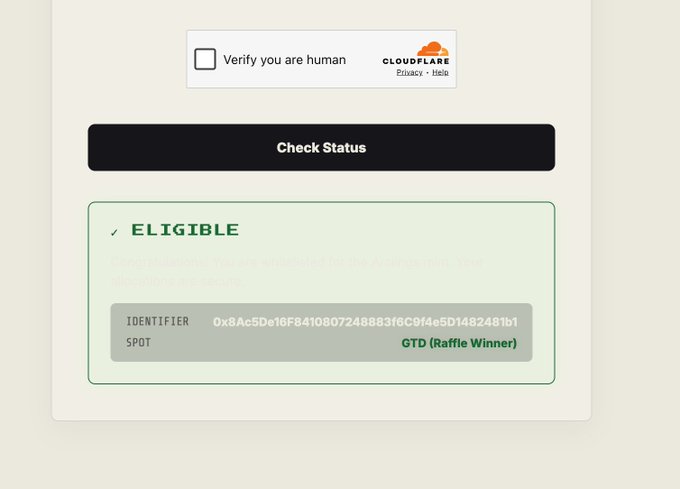 A 'Check Status' interface displaying an 'ELIGIBLE' status with the identifier '0x8Ac5De16f8410807248883f6C9f4e5D1482481b1' and a 'GTD (Raffle Winner)' label.