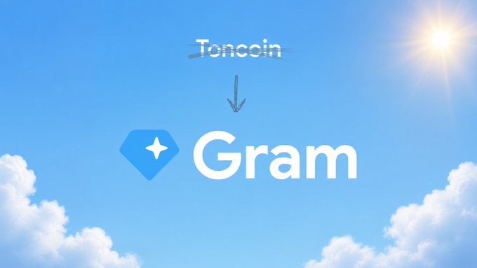 The image shows a logo for TONcoin that has been altered to read "Gram" instead of "TONCOIN". The original name of the native token was "TONCOIN", but it has been changed to "GRAM" in the new design. This change is likely due to a proposal to rename the native token, as indicated by the caption at the bottom of the image.
