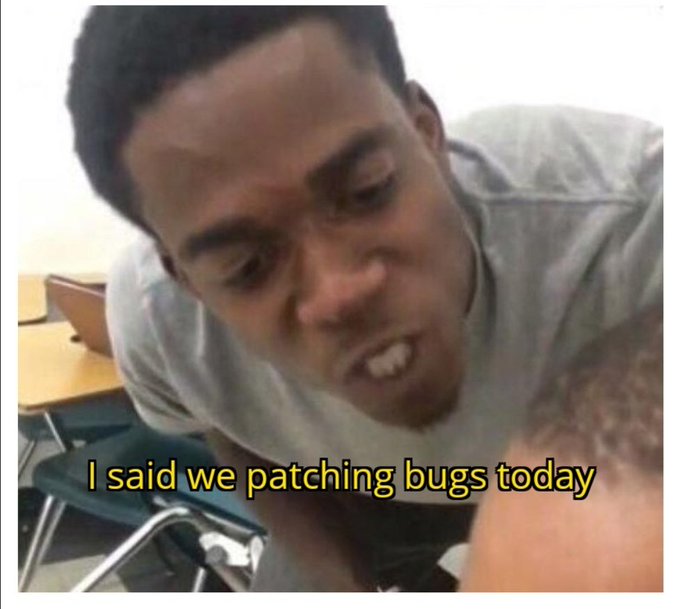 The image is a meme showing an angry-looking young man in a gray t-shirt in what appears to be a classroom setting, with the caption "I said we patching bugs today" at the bottom. The meme humorously illustrates the post's implication that the "Liquid attacker" (a person who allegedly stole 3,998 BTC from the Liquid network) has now taken on a release management role at Blockstream, with the angry man's urgent demand for bug patches mocking the performative seriousness of prioritizing bug fixes while withholding stolen funds.