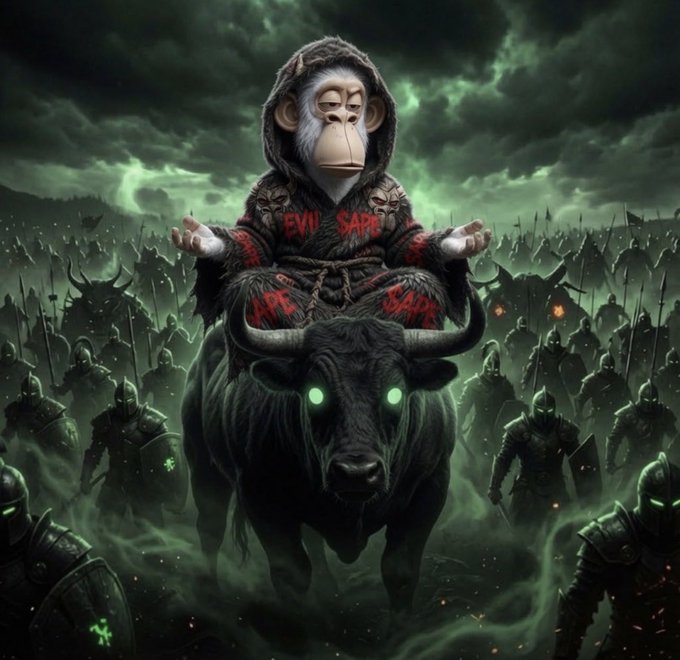 A meditating, hooded monkey figure with "EVIL SAPE" scrawled in red on its robe rides a glowing-eyed bull through a dark, army-filled battlefield. The image evokes a battle-cry or rally call, symbolically tying to the post's "Stay the course" message with a Solana contract address, suggesting resilience and rallying behind the "Evil Sape" meme despite looming opposition.