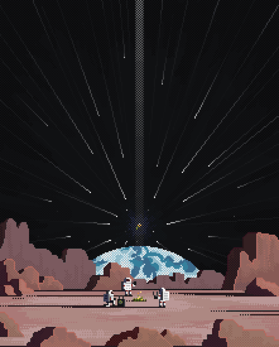 A pixel art scene depicting astronauts on a Mars-like planetary surface with Earth visible on the horizon and a beam of light streaming down from the starry sky.