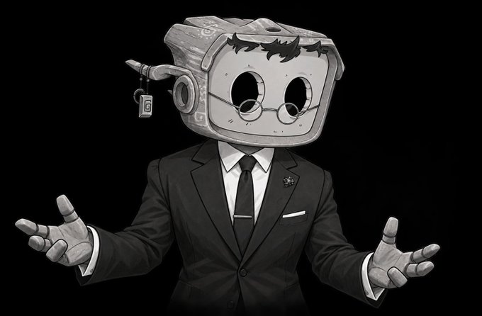 A black and white illustration of a robotic figure with a CRT monitor for a head, wearing round glasses and a suit, with arms extended outward.