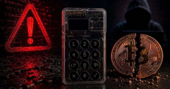 Cryptocurrency-themed image showing a Coldcard hardware wallet device next to a broken Bitcoin coin, with a red warning triangle and a hooded hacker figure in the background, suggesting security or hacking themes.