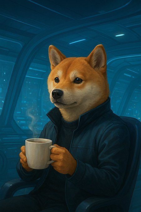 An anthropomorphic Shiba Inu dog wearing a dark jacket, sitting in a futuristic blue-lit room and holding a steaming cup of coffee.