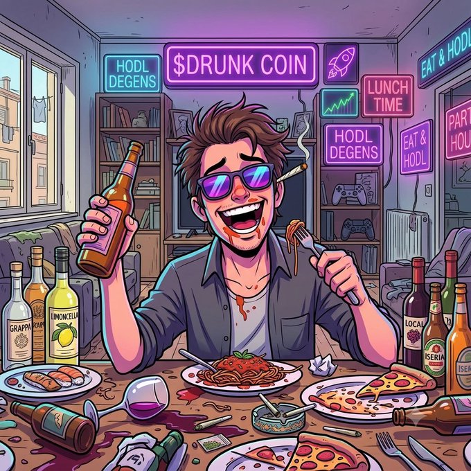 A colorful cartoon illustration of a smiling man with sunglasses and a cigarette holding a beer, surrounded by food and neon signs reading '$DRUNK COIN', 'HODL DEGENS', and 'LUNCH TIME'.