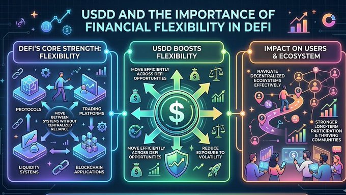 The image shows a colorful infographic about USDD (Uniswapper Cryptocurrency Trading Service) and financial flexibility within DeFi technology. The infographic is divided into three sections, each representing a different aspect of flexibility. These aspects include:
1. Core strength - the ability to protect data from malicious attack by using smart contracts and a decentralized network. This ensures that users' information remains safe during transactions.
2. USDD boosts - the use of USDD to provide better security for users, as it increases the integrity of transactions and makes them more transparent.
3. Impact on users - the impact that financial flexibility within DeFi technology can have on users, including the ability to easily access various networks, trading platforms, protocols, and applications without being restricted by centralized authorities or banks. This flexibility opens up new possibilities for innovation and growth in the crypto industry.