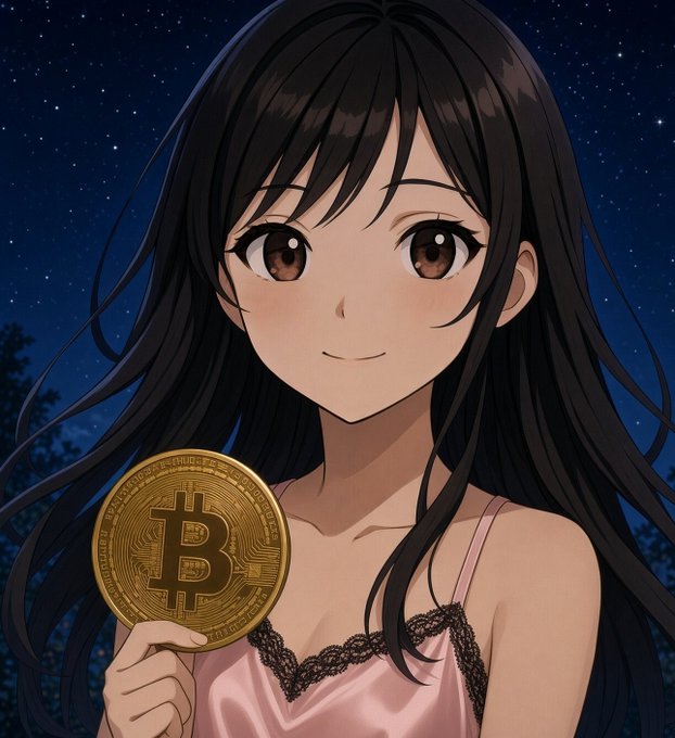 An anime-style illustration of a dark-haired girl in a pink lace-trimmed nightgown holding up a gold Bitcoin coin against a starry night sky.