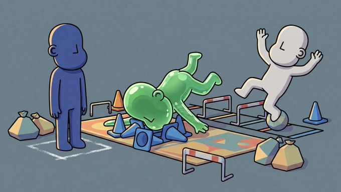 A cartoon illustration shows three figures: a blue one watching, a green one crawling through an obstacle course, and a white one leaping with arms raised in victory.